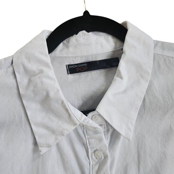 SIMON CHANG POP CRISP WHITE BUTTON DOWN SHIRT W/ BLACK SEQUINS SIZE LARGE - Picture 3 of 4